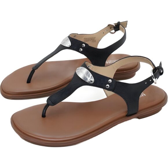 Michael Kors MK Plate Flat Thong Sandals Black T-Strap Logo Women's US 6M - Picture 2 of 6
